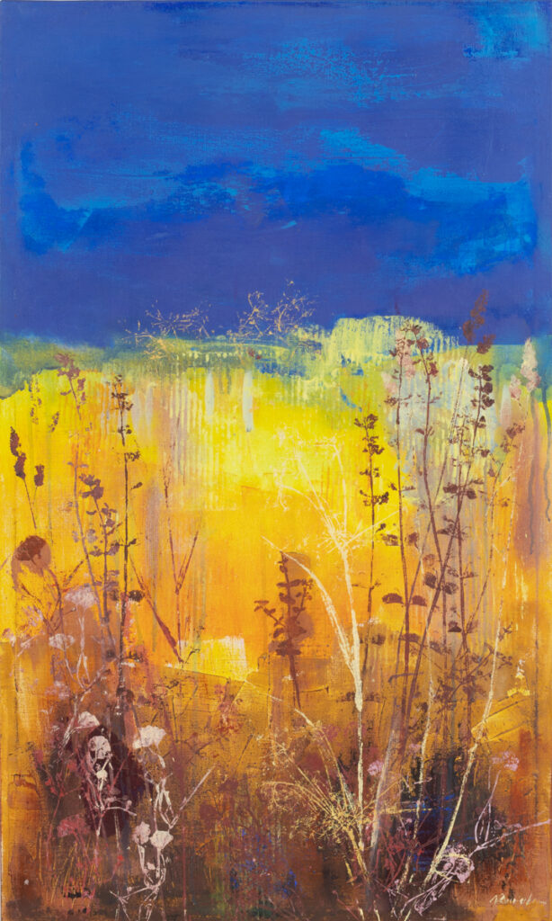 Agata Rościecha - Rdzawy gąszcz 2, 2022 - pomarańczowo-niebieski obraz z łąką