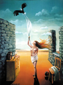 Grzegorz Ziółkowski - Gdy nadszedł ciepły wiatr, 2004 - surrealistyczny obraz z kobietą i ptakiem