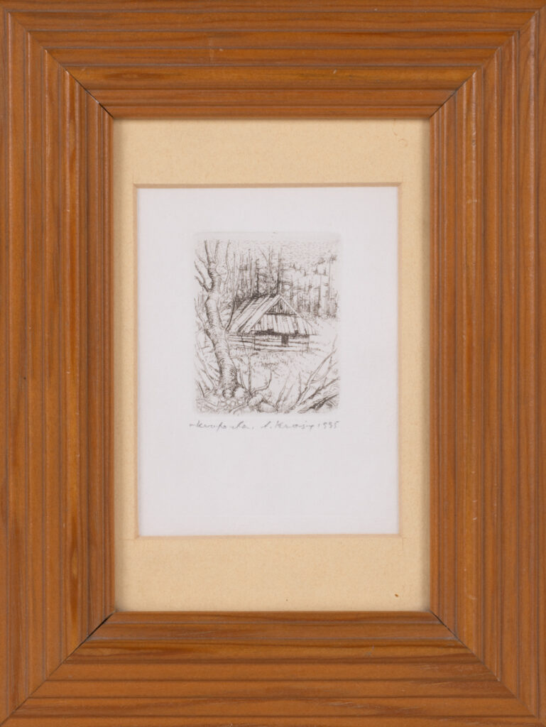 Adam Kwaśny - Bez tytułu, 1995 - grafika z domkiem w drewnianej ramie