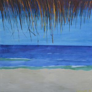 Patryk Lutomski - Plaża, 2020 - błękitny obraz z widokiem plaży