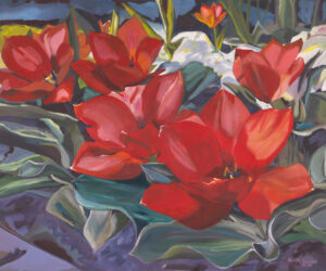 Alicja Marzec - Pod oknem, 2020 - obraz z czerwonymi kwiatami