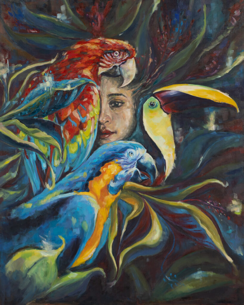 Izabela Szarek - Azyl, 2022 - portret kobiety z papugami
