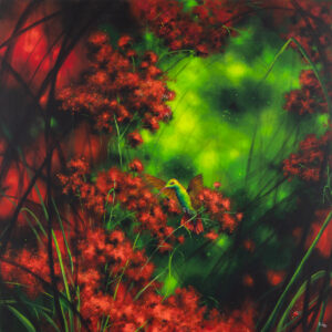 Beata Mura - W trawie III, 2022 - zielono-czerwony obraz z kolibrem