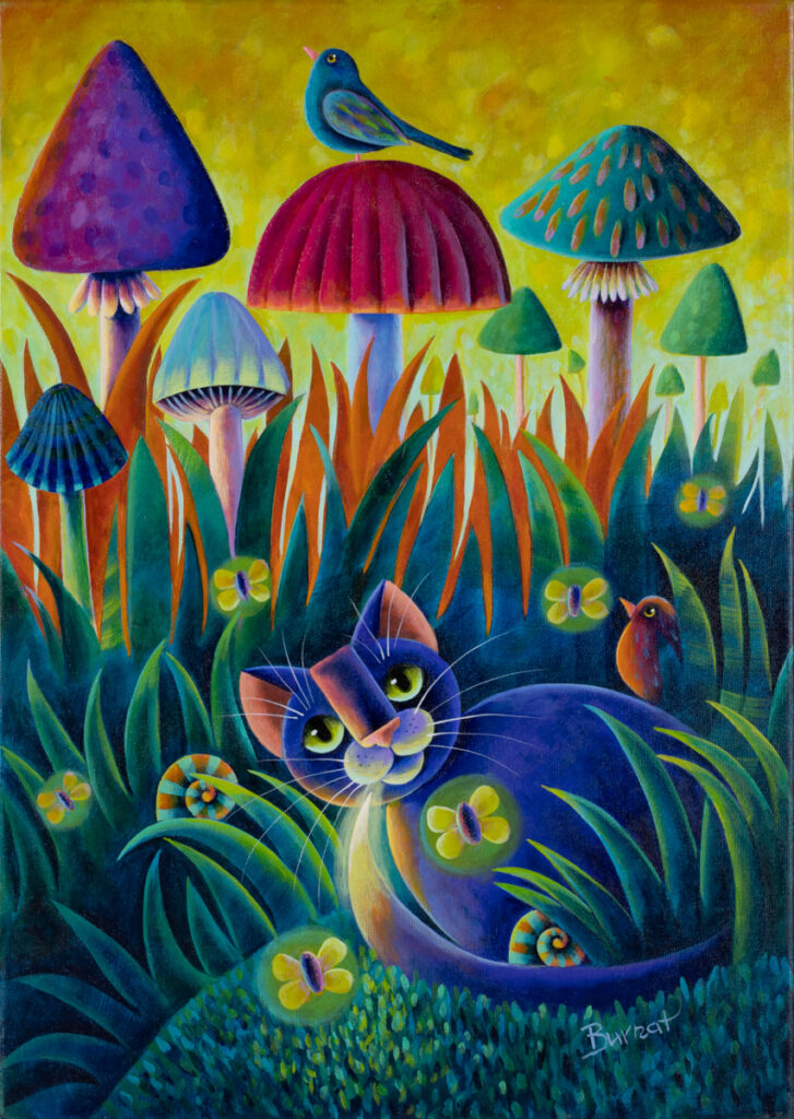 Wiesława Burnat, Za chwilę wzejdzie księżyc, 2021 - bajkowy obraz z kotem i grzybami