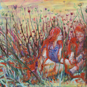 Gabriela Olechowska, Roszpunka, 2022 - kolorowy obraz z kobietami w trawie