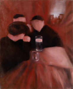Jan Broyek - Poczekalnia dusz, 2022 - obraz w czerwieniach z postaciami w kawiarni