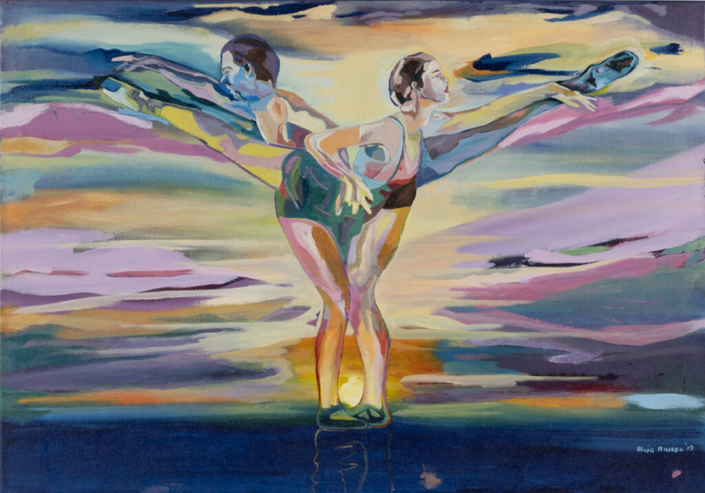 Alicja Marzec, W poszukiwaniu miłości, 2019 - obraz z tańczącymi postaciami na tle nieba