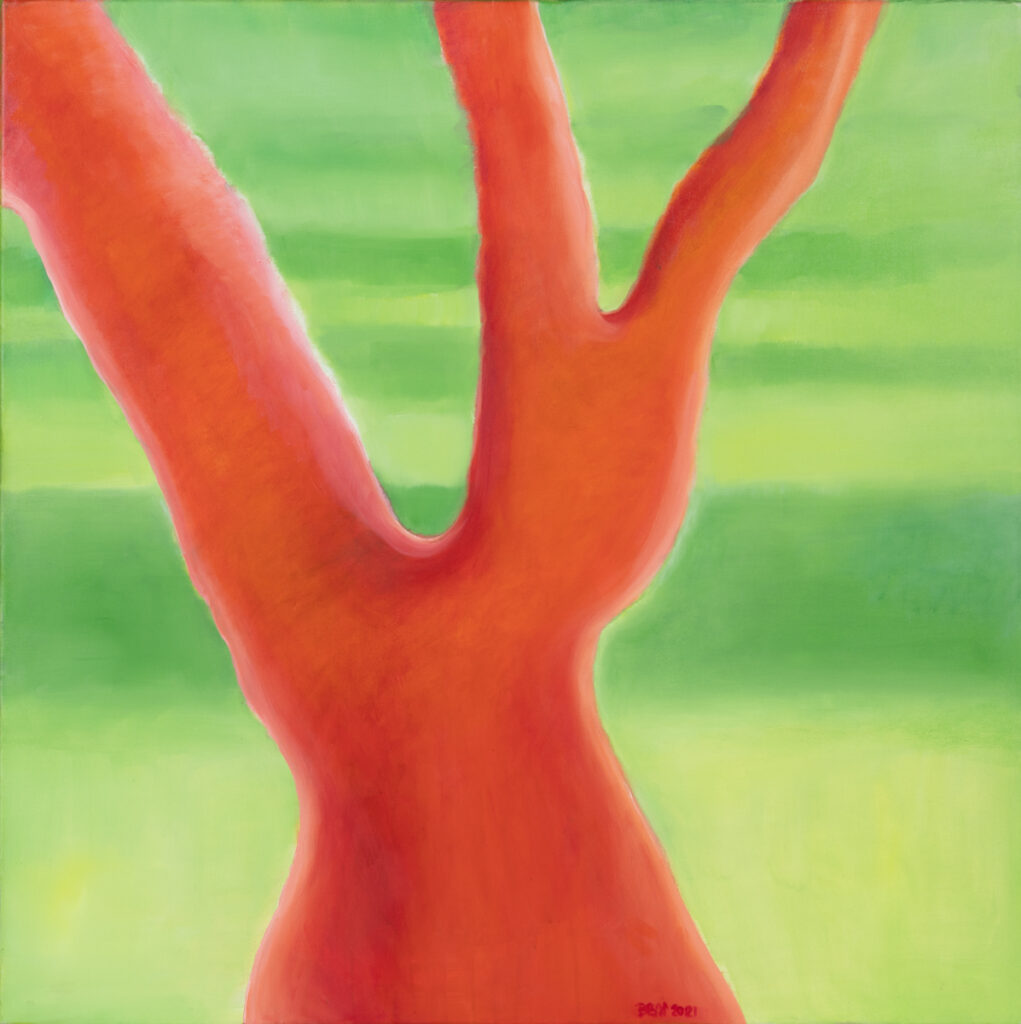 Barbara Bielecka-Woźniczko, Z cyklu Drzewa VI, 2021 - abstrakcyjny obraz z czerwonym kształtem drzewa