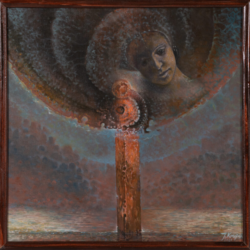 Jacek Krupa Nostalgia zagubiona, 2021 głowa portret surrealizm realizm magiczny twarz w niebie