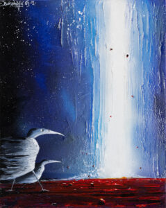 Bartłomiej Baranowski Dalej, 2021 abstrakcja niebieska animalistyka ptaki ufo obraz realizm magiczny surrealizm