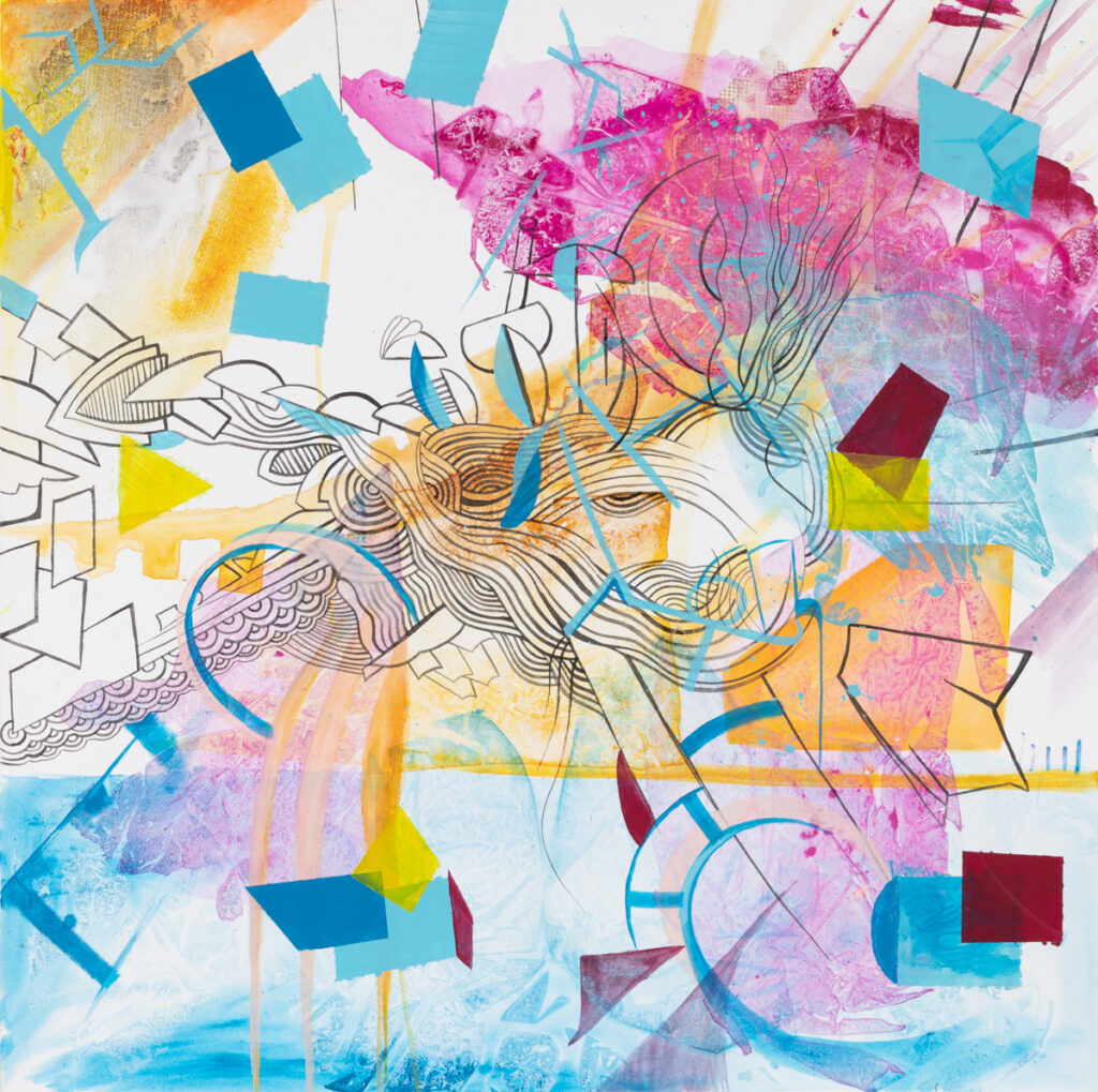 Teresa Kazimierczak Abstrakcja 952, 2022 abstrakcja kolorowa kwadratowy obraz abstrakcyjny różowy żółty błękitny niebieski pomazane marker
