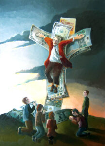 Grzegorz Ziółkowski Fałszywy Bóg, 2009 symbolizm surrealizm ukrzyżowanie pieniądze pejzaż Jezus