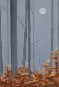 Joanna Dyląg-Faliszek Mglisty las, 2020 jesienny pejzaż obraz sztuka młoda księżyc drzewa liście jesień październik listopad