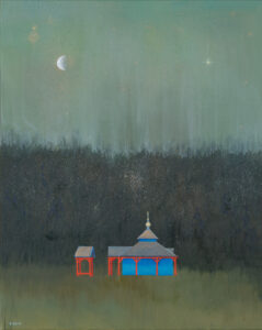 Emilia Rusin - Knorydy VIII, 2022 - obraz z kolorowym budynkiem na tle lasu