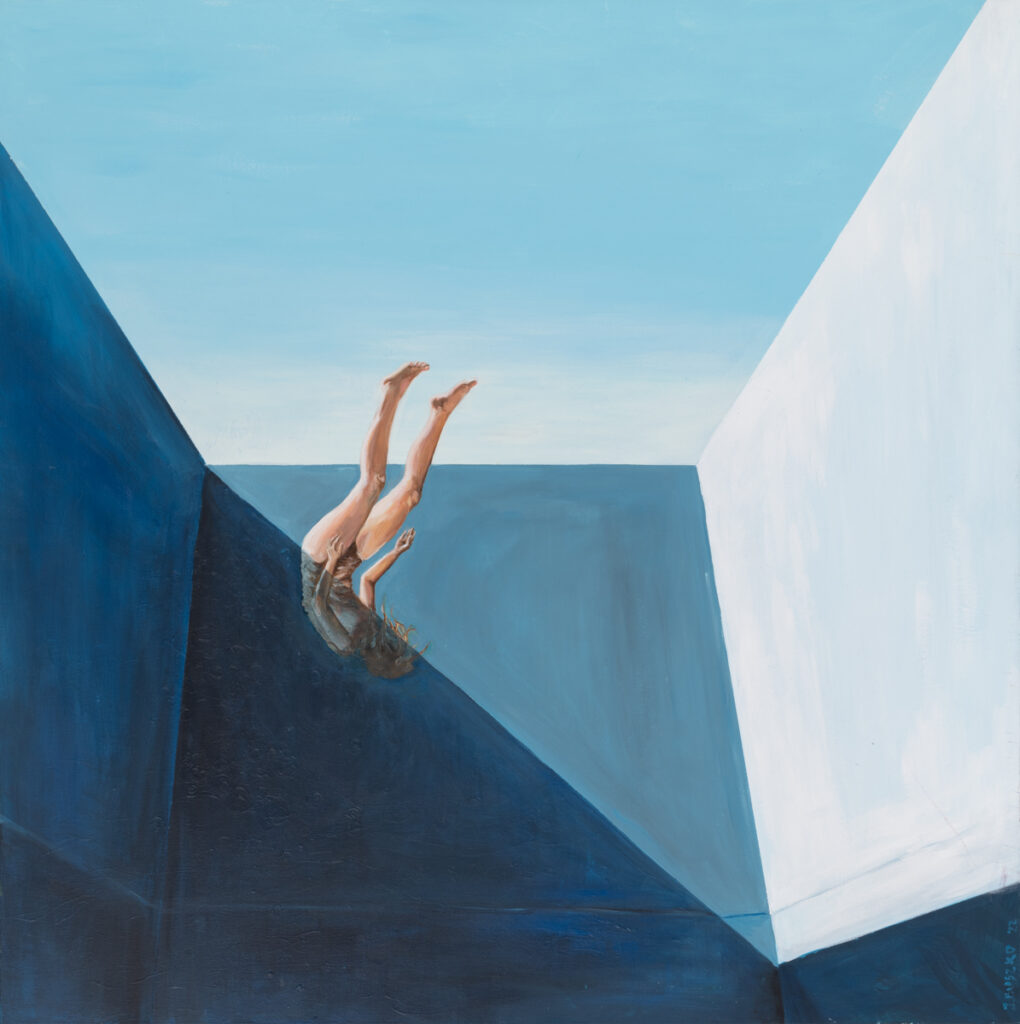 Joanna Buszko, Limbo, 2022 - niebieski obraz ze spadającą postacią