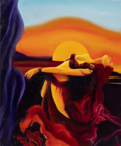 Patrycja Folatko-Karczmarczyk Into the Sun, 2022 kobieta słońce pejzaż obraz ciało dziewczyna pomarańczowy mocne kolory ciepłe