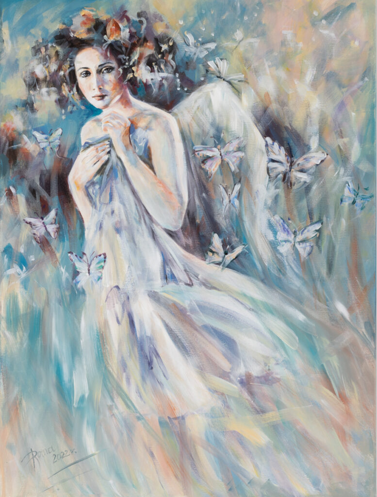 Magdalena Rochoń, Nie płoszcie aniołów, 2022 - bajkowy, pastelowy obraz z aniołem