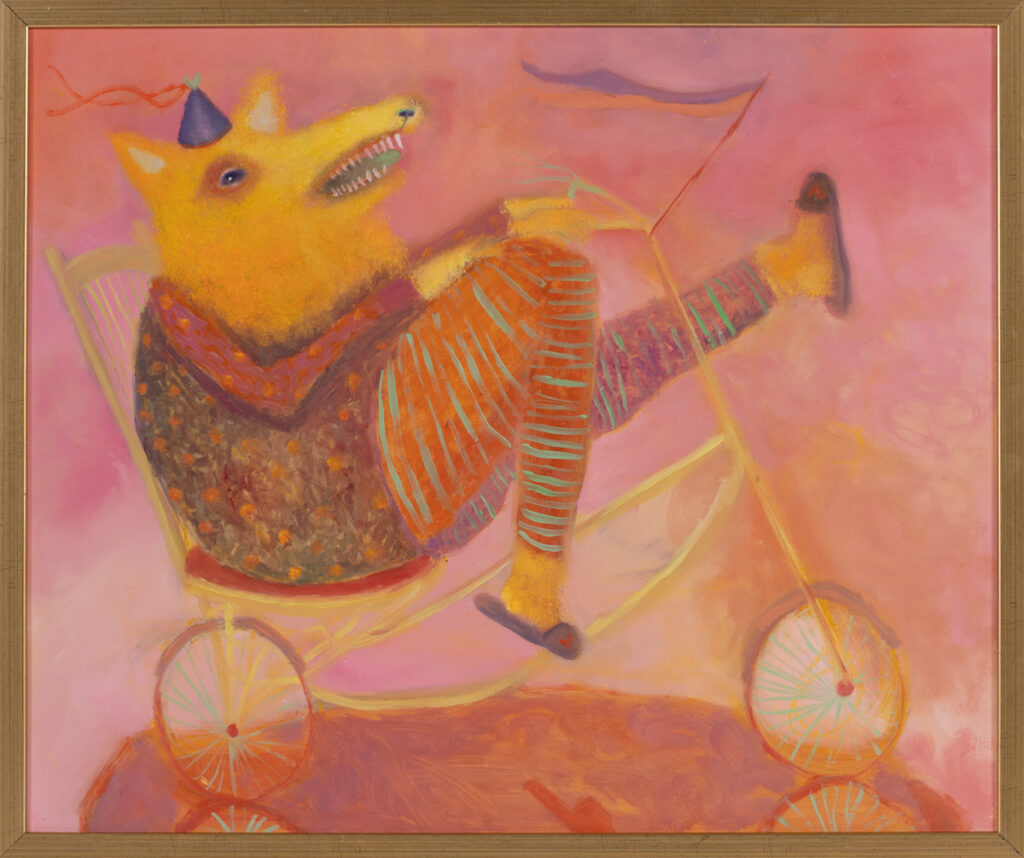 Emilia Waszak - Cyklista X, 2021 - bajkowy obraz z wilkiem na rowerze