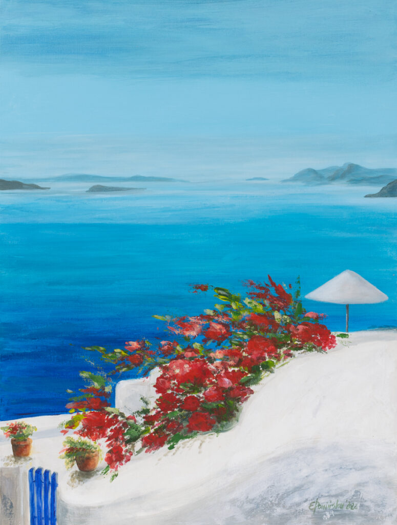 Elżbieta Ponińska, Wakacje na Santorini, 2022 - pejzaż z widokiem na morze
