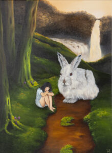 Ewelina Wasilewska, Król lasu, 2022 - bajkowy obraz z królikiem i dziewczynką