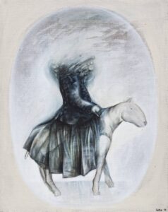 Magdalena Cybulska, Legion z cyklu Moja skóra, 2014 - surrealistyczny obraz z postacią jadącą na zwierzęciu