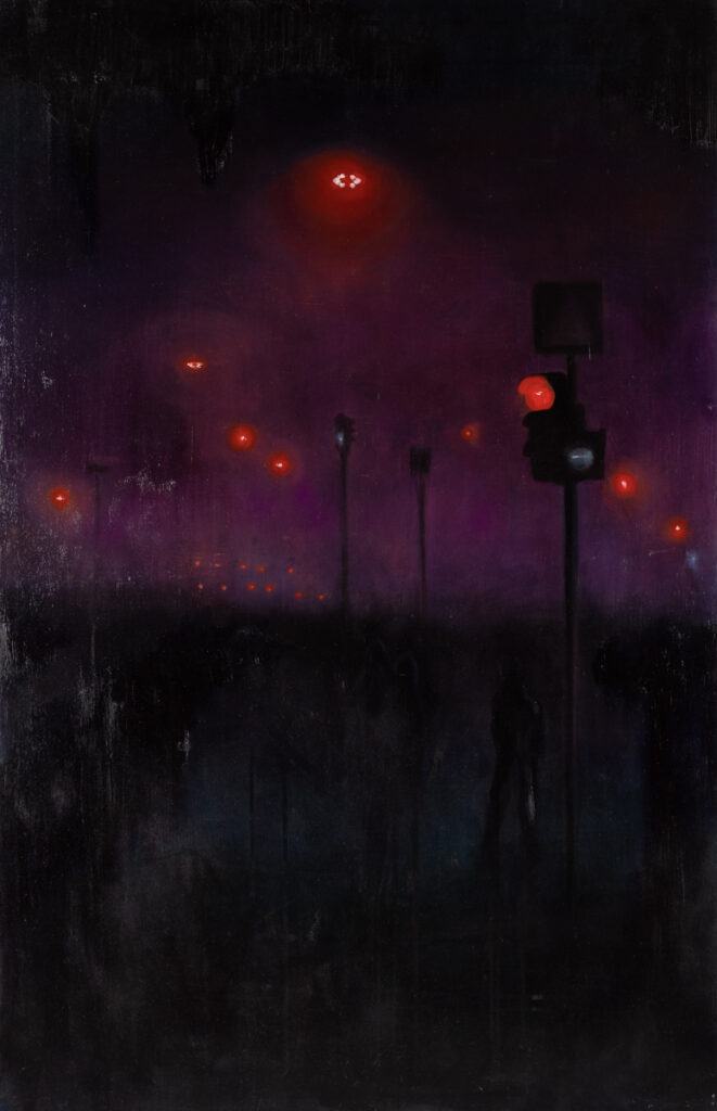 Jan Broyek, Trupy na ulicach, 2022 - nastrojowy obraz z widokiem miasta nocą
