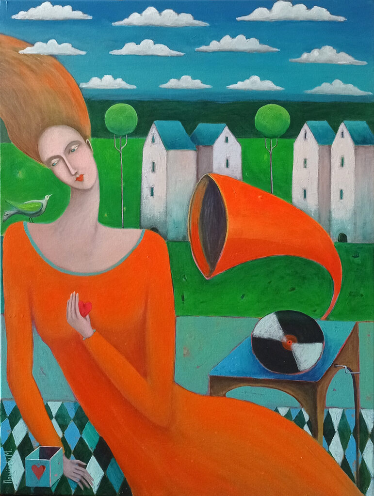 Mirosław Nowiński Melodia o poranku, 2022 kobieta muzyka obraz sztuka młoda surrealizm realizm magiczny pejzaż figuracja pomarańczowy magiczny świat