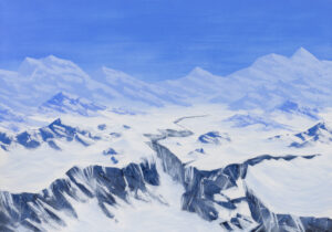 Marcin Baczak Lodowy wąwóz z cyklu Antarktyda, 2022 pejzaż zimowy niebieski góry lód błękitny biały sztuka młoda obraz