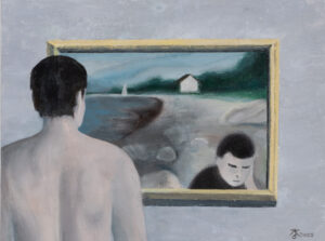 Klaudia Kuchno Myśli, 2021 obraz sztuka młoda mężczyzna ciało plaża surrealizm abstrakcja realizm szary