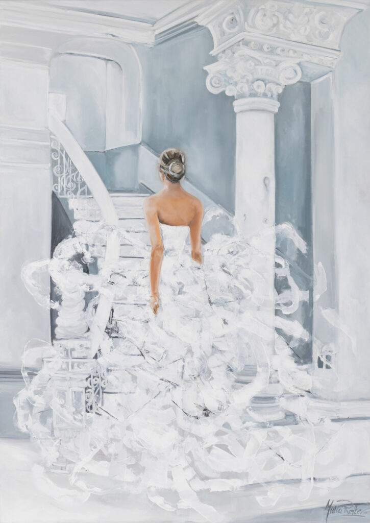 Julia Reiter Havana White, 2022 kobieta obraz biały ślub suknia ślubna plecy kobiecość architektura blondynka figuracja schody