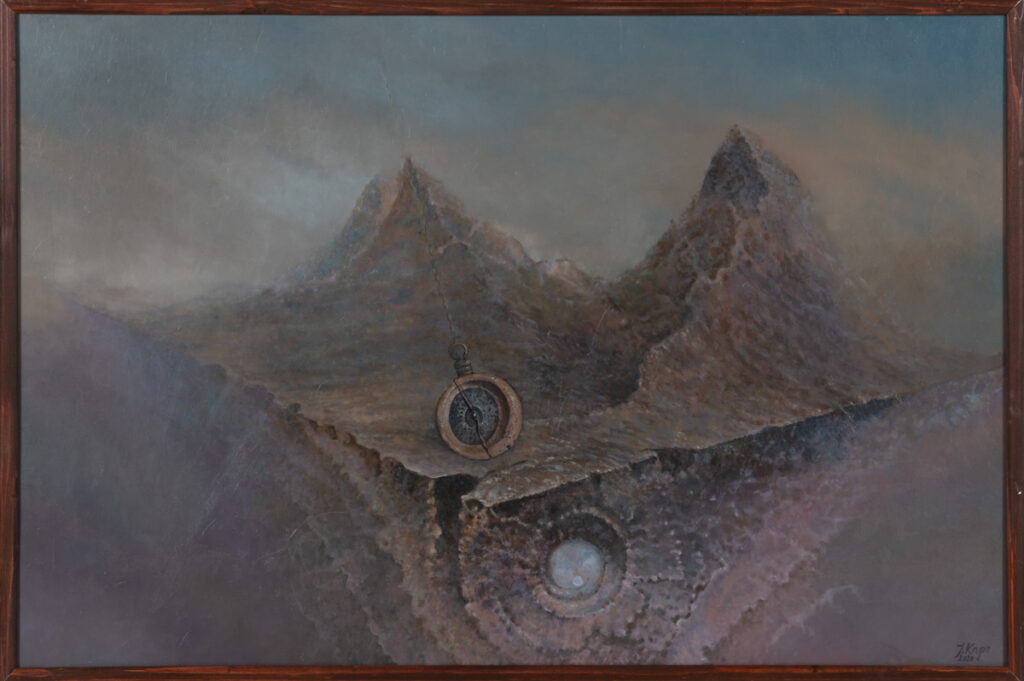 Jacek Krupa Ukryta dolina, 2020 mroczny pejzaż góry szary surrealizm realizm magiczny tajemniczy obraz