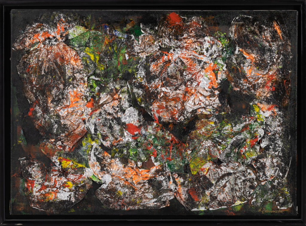 Hanna Żebrowska bez tytułu obraz oprawiony rama abstrakcja faktura wypukła folia aluminiowa zielony czerwony srebrny