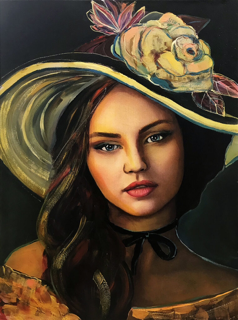 Jena Polak Kokardka, 2022 portret kobiety sztuka młoda kapelusz obraz kwiaty