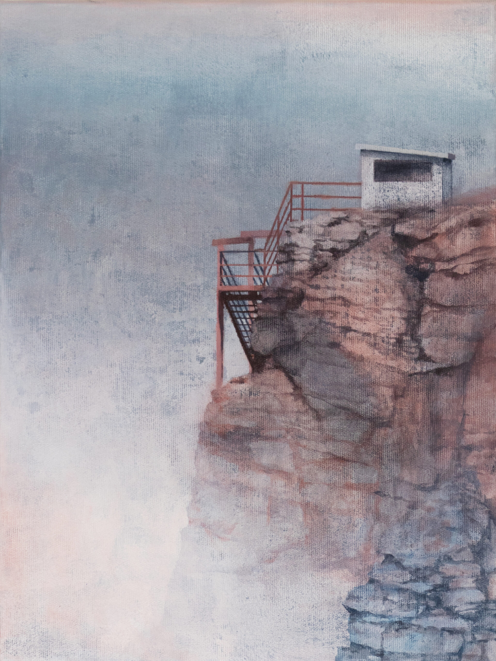 Joanna Pałys Ślady S22-3, z cyklu Sztuka Ziemi, 2022 - szaro-różowy obraz z widokiem na skały