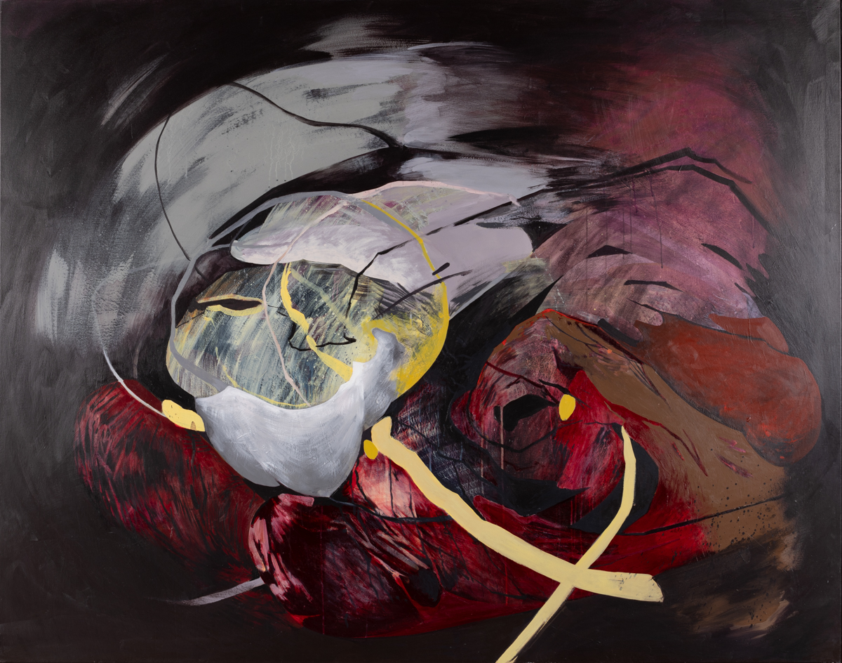 Agata Czeremuszkin-Chrut, Materiały 6, 2021 – duży obraz abstrakcyjny w odcieniach czerwieni i szarości na czarnym tle