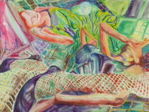 Gabriela Olechowska, Nie mogę przez Ciebie spać, 2022 – kolorowy obraz z leżącymi postaciami kobiecymi