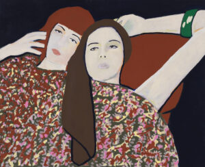 Bartłomiej Załucki, Konfiguracja, 2022 – obraz z dwiema kobietami pod kolorową narzutą