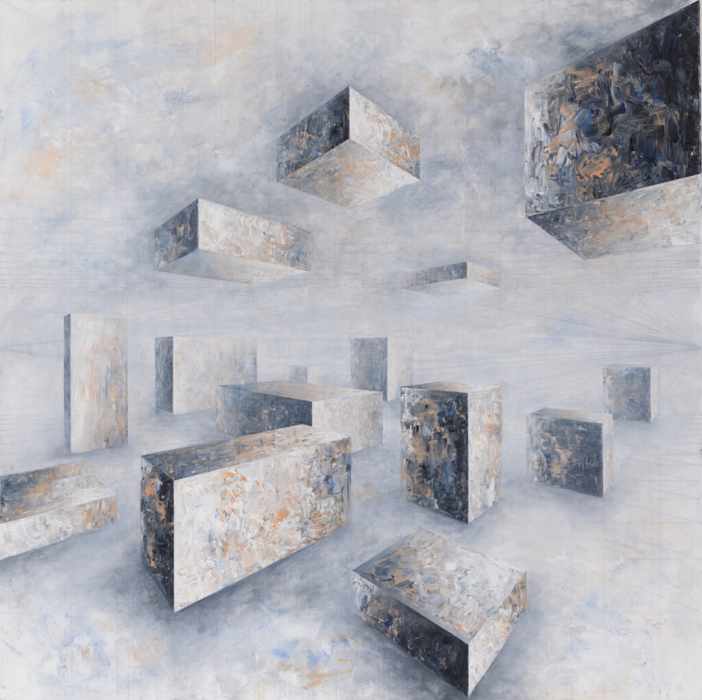Iwona Gabryś, Kompozycja 351, 2022 – geometryczna kompozycja na szaro-niebieskim tle