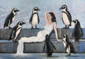 Aleksandra Lacheta , Adoratorium, 2022 – obraz z kobietą otoczoną pingwinami