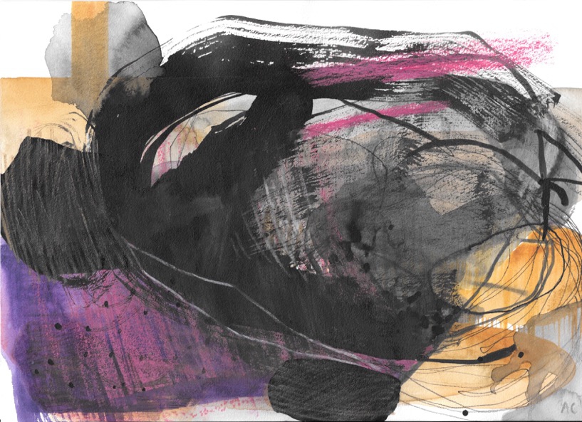Agata Czeremuszkin-Chrut abstrakcja czarna fioletowa na papierze papier akwarela abstrakcyjny mały format