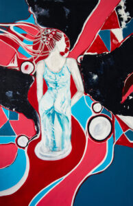 Anastasiya Tkachiv, Break the Ice, 2022 – obraz z kobietą na tle czerwono-czarnej abstrakcji