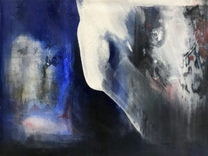 Nadiia Shepitchak, Future, 2022 – niebiesko-biała abstrakcja z sylwetką głowy