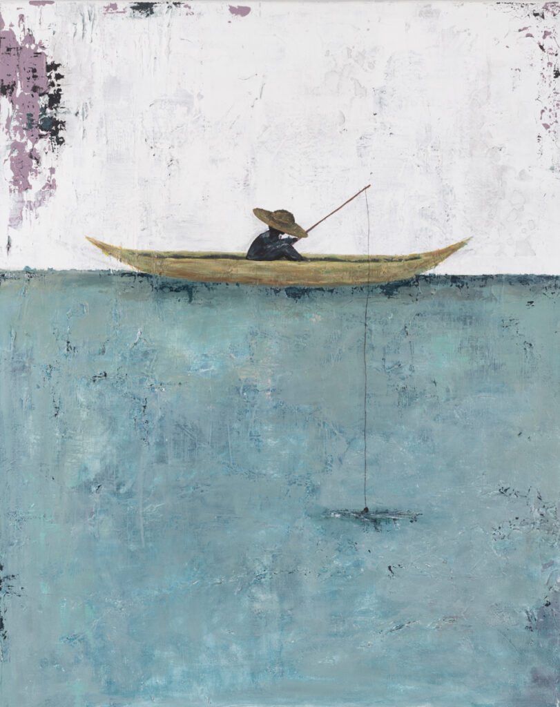 Karolina Karkucińska, Rybak, 2021 – biało-turkusowy obraz z rybakiem na łodzi