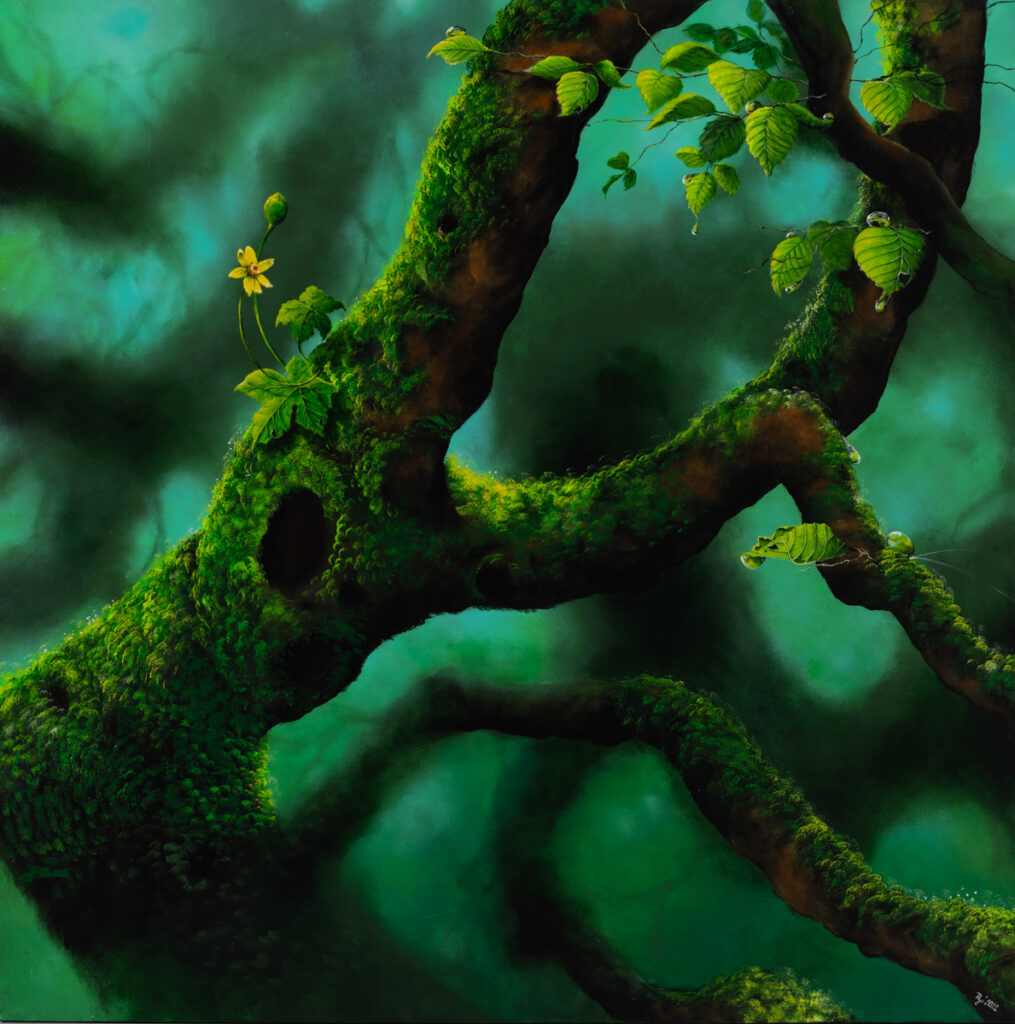 Beata Mura Symbioza, 2022 obraz szxtuka młoda realizm magiczny drzewo 3D krople liście botanika las gąszcz natura mięsistość realizm