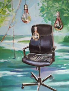 Marek Domaniecki Garden Chair, 2022 obraz sztuka młoda surrealizm abstrakcja żarówki krzesło fotel pejzaż