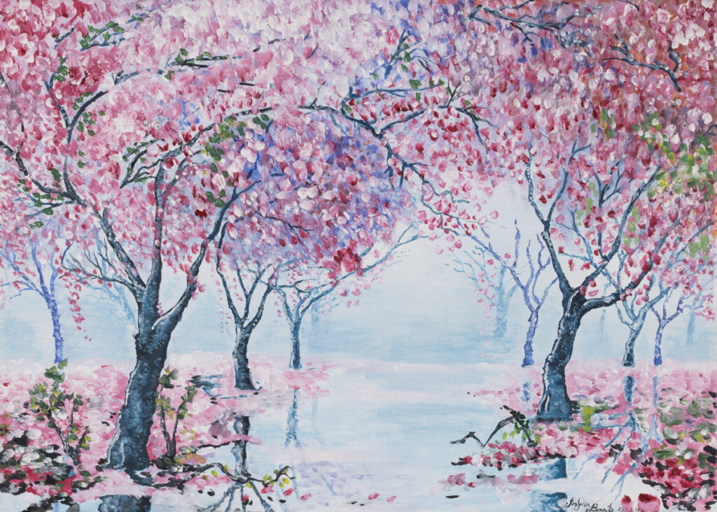 Justyna Basta Japońska wiśnia, 2016 obraz sztuka młoda japonia japan aesthetic wiśnia różowy różowe drzewa pejzaż las japoński