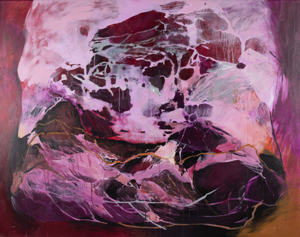 Agata Czeremuszkin-Chrut, Materiały 1, 2021 – duży obraz abstrakcyjny w odcieniach różu i czerwieni