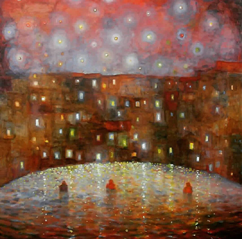 Piotr Banaszkiewicz Pejzaż VIII, 2022 sztuka młoda obraz pejzaż jezioro łódki światełka oprawiony metalowa rama