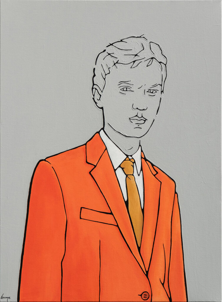 Marcin Lenczowski Pomarańczowy #6, 2022 minimalistyczny portret mężczyzny sztuka młoda obraz twarz chłopak pomarańczowa marynarka szary