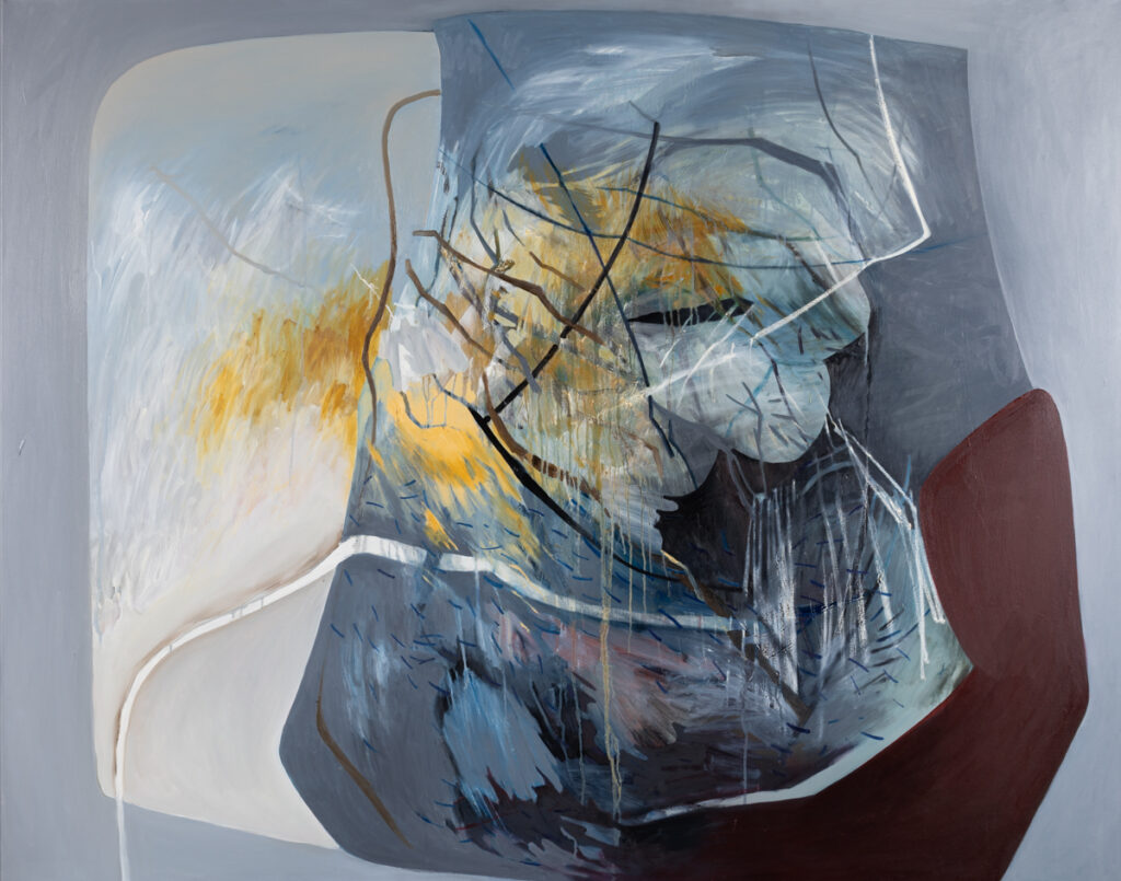 Agata Czeremuszkin-Chrut, Materiały 9, 2022 – duży obraz abstrakcyjny w odcieniach szarości, żółci i bordowym
